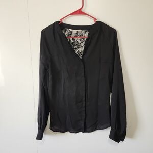 LC Lauren Conrad Black Lace Back Blouse V-Neck Button Front Sheer Long Sleeve XS